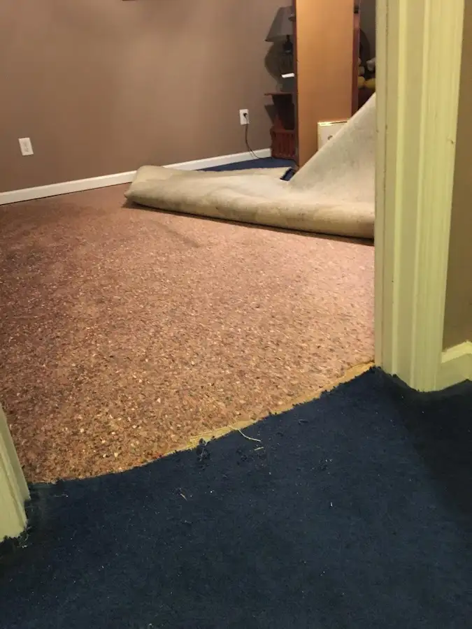 Carpet pad removal revealing water damage during Water Mitigation Services in Atmore